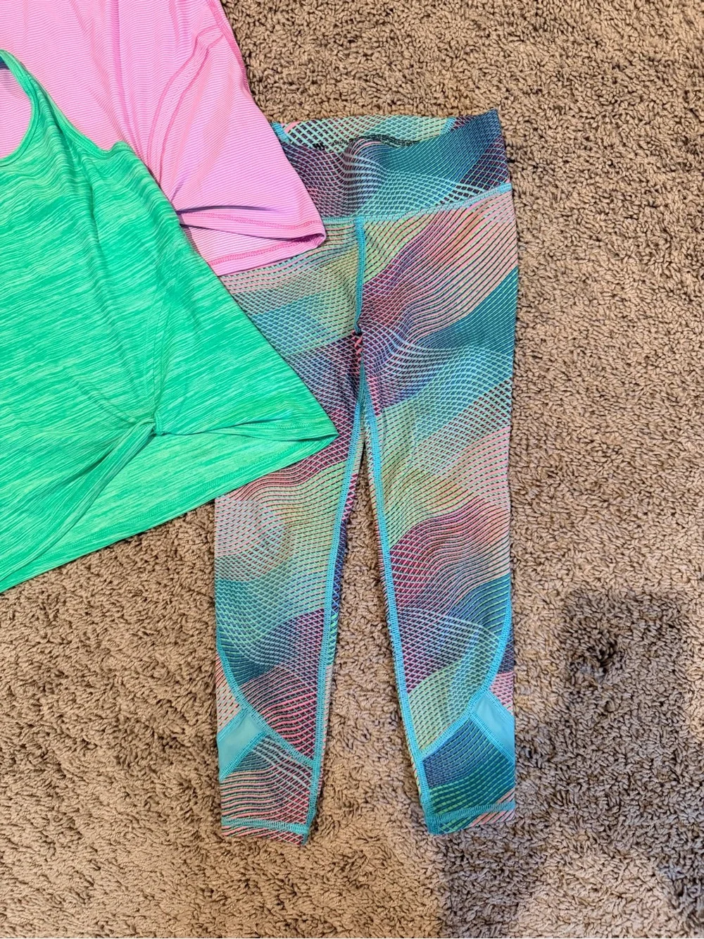 Target Pink Racerback Tank, Green Twist-Front Tank & Multicolor Wave Leggings
